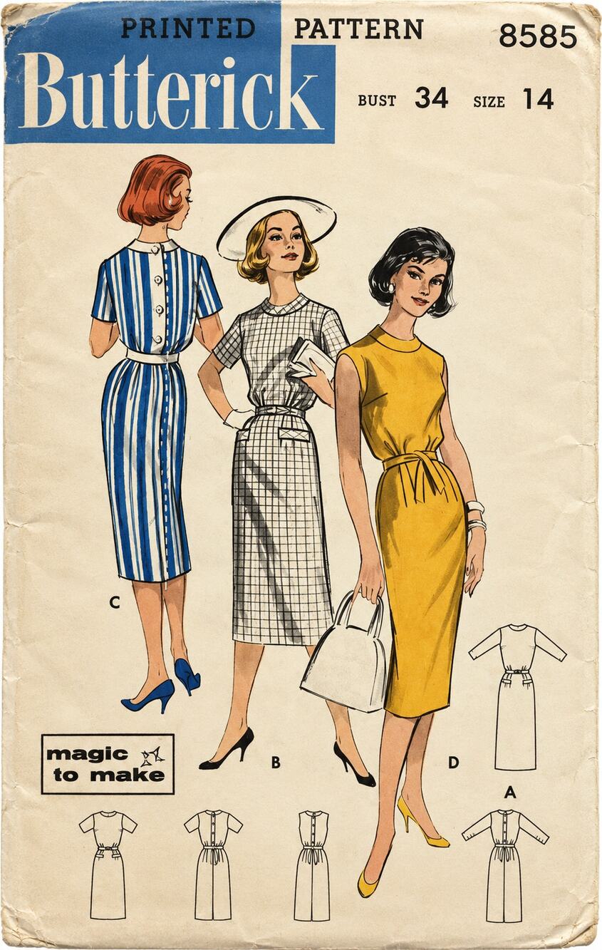 Cardigan Sheath Dress Sewing Pattern 1950s Classic 14 Butterick 8585 COMPLETE